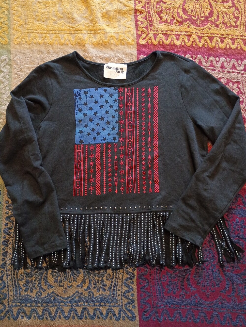 Savanna Jane Black Long-Sleeve Fringe Tee with Red & Blue Flag Graphic
